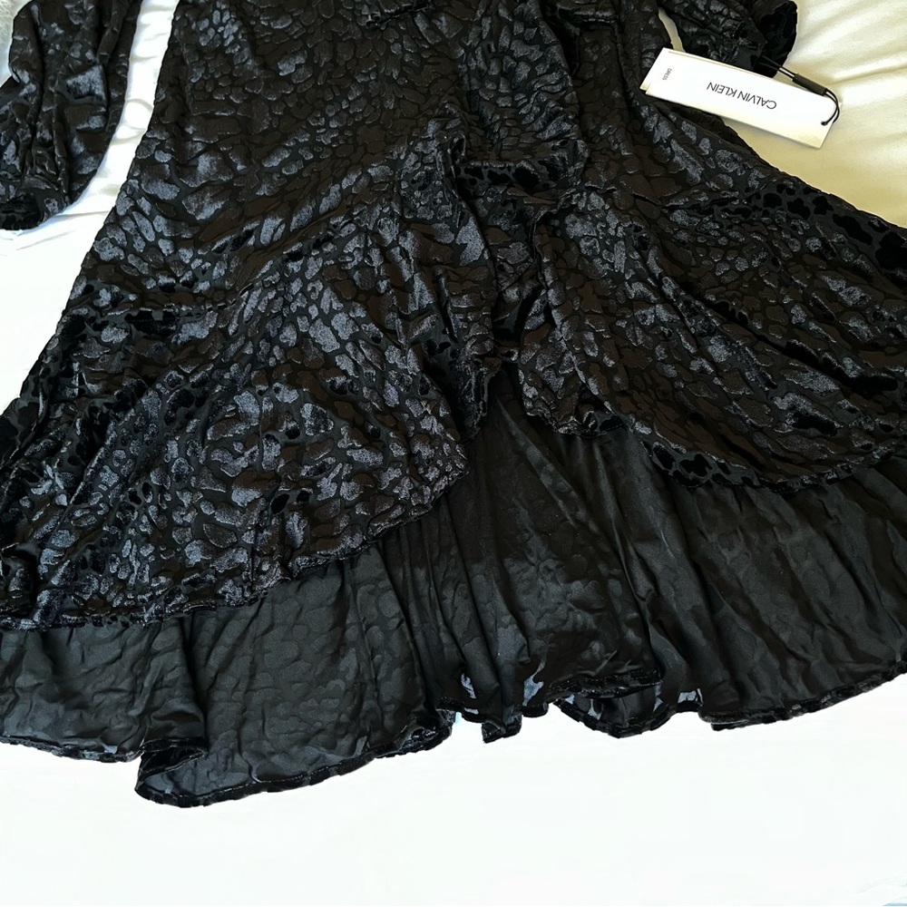 NWT CALVIN KLEIN - Black Velvet Leopard print Faux Wrap Flounce Dress sz 2 - Picture 9 of 15